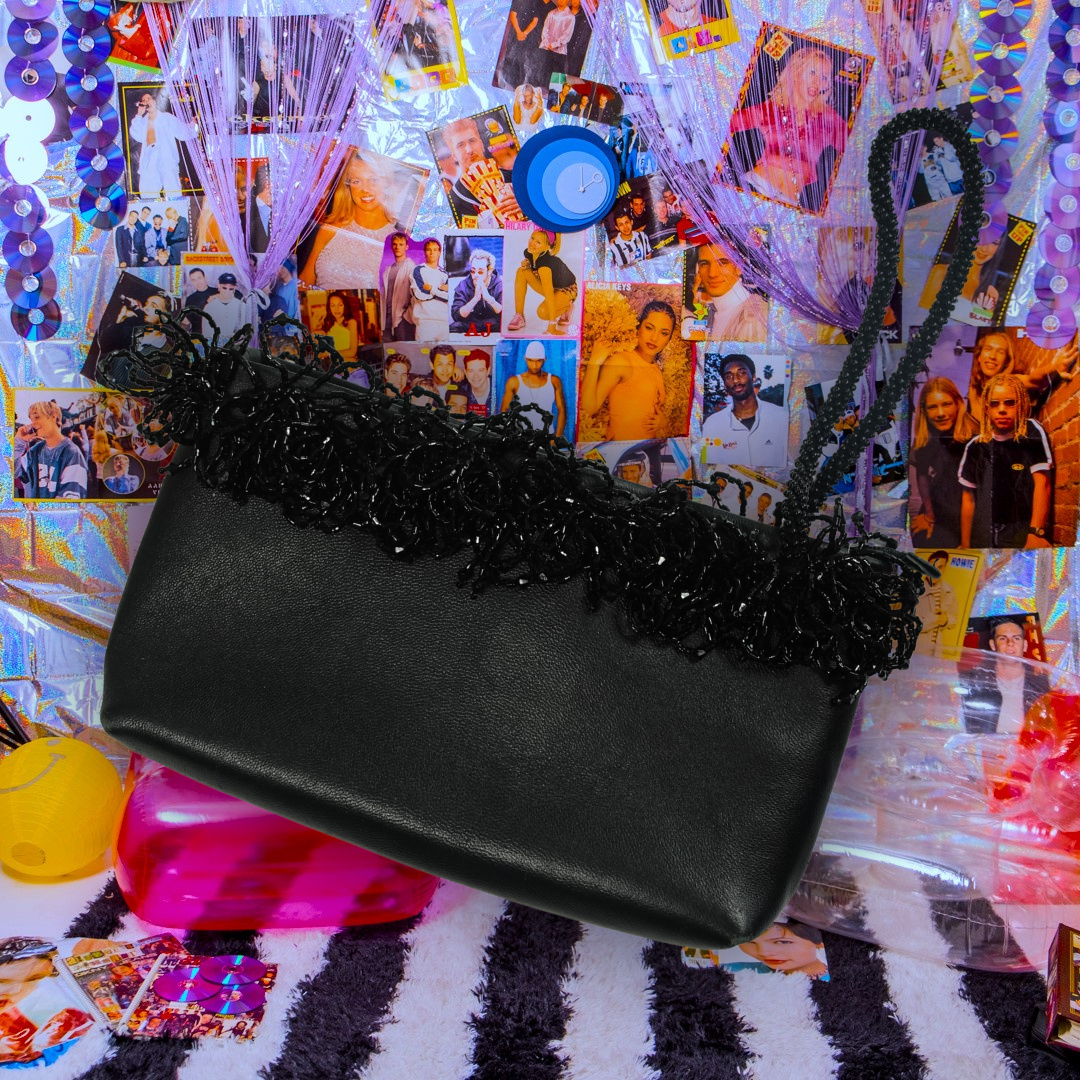 Vintage Black Faux Leather and Beaded Wristlet Bag