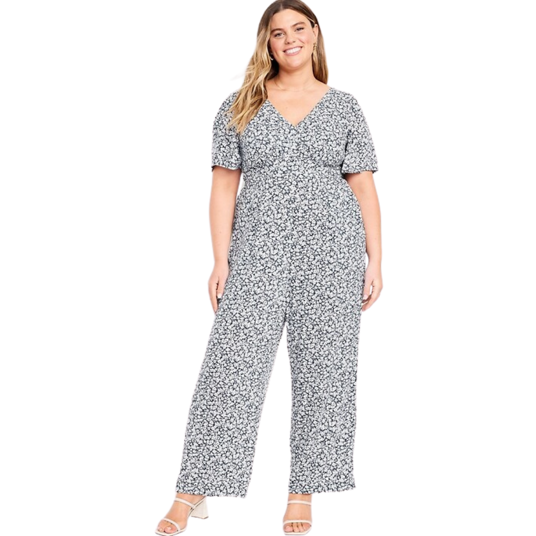 Navy with White Ditsy Floral Puff Sleeve Jumpsuit NWT
