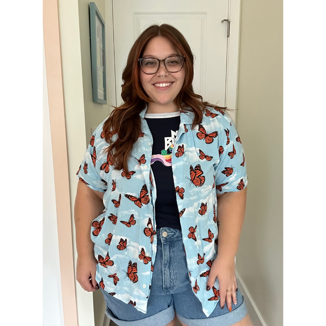 Blue and Orange Butterfly Button Down