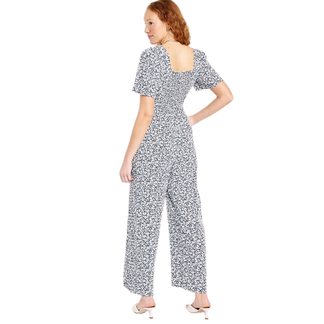 Navy with White Ditsy Floral Puff Sleeve Jumpsuit NWT