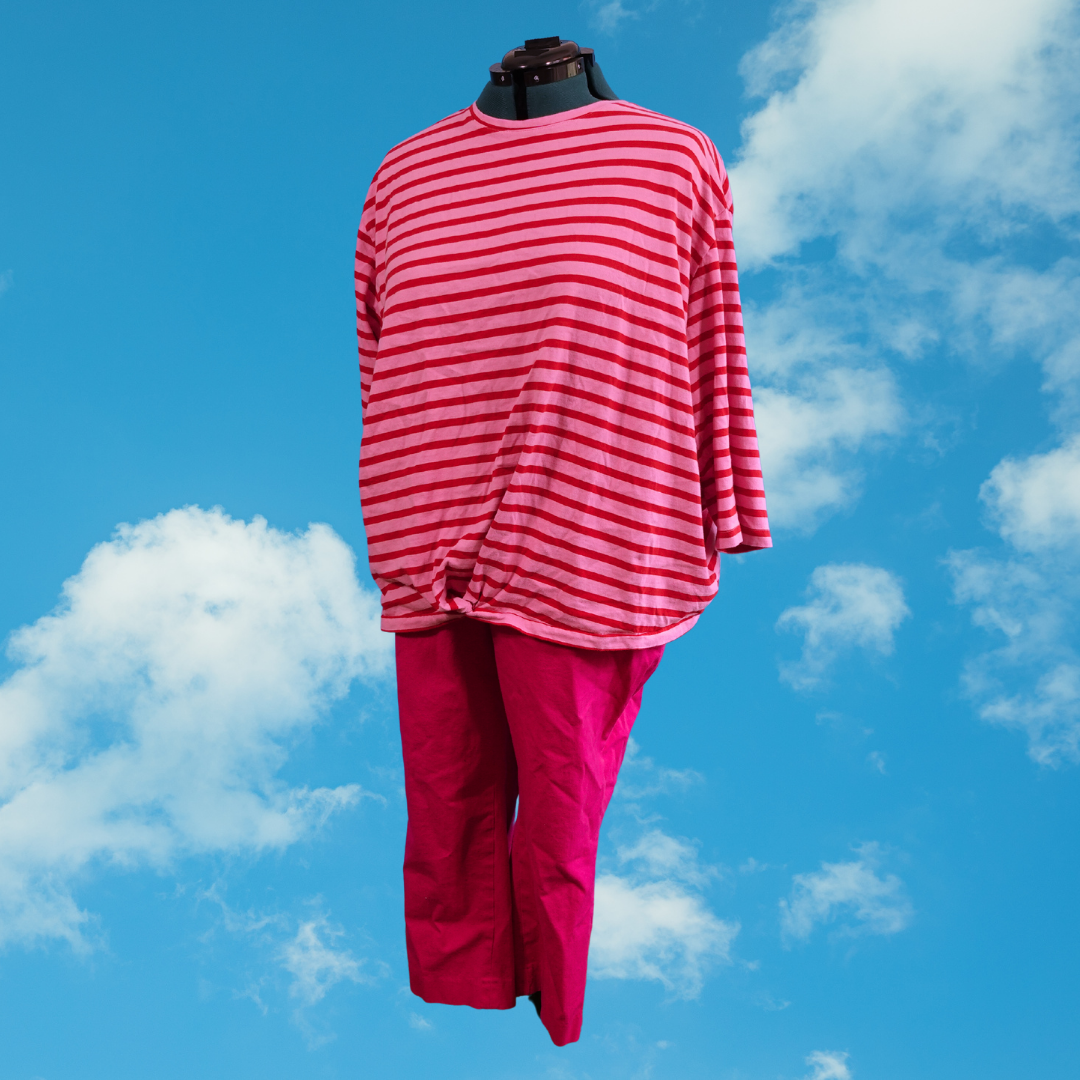 Red and Pink Striped Shirt with Knotted Hem