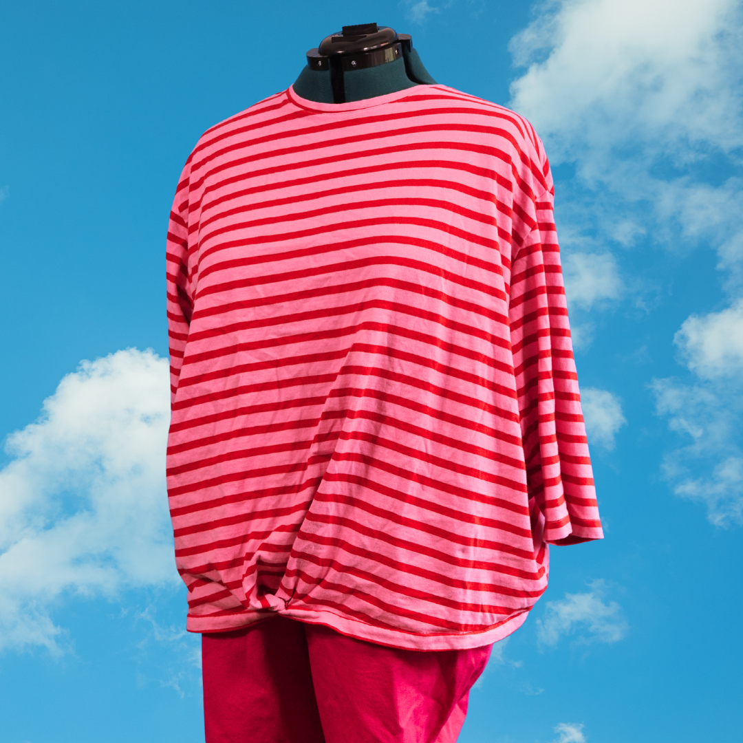 Red and Pink Striped Shirt with Knotted Hem