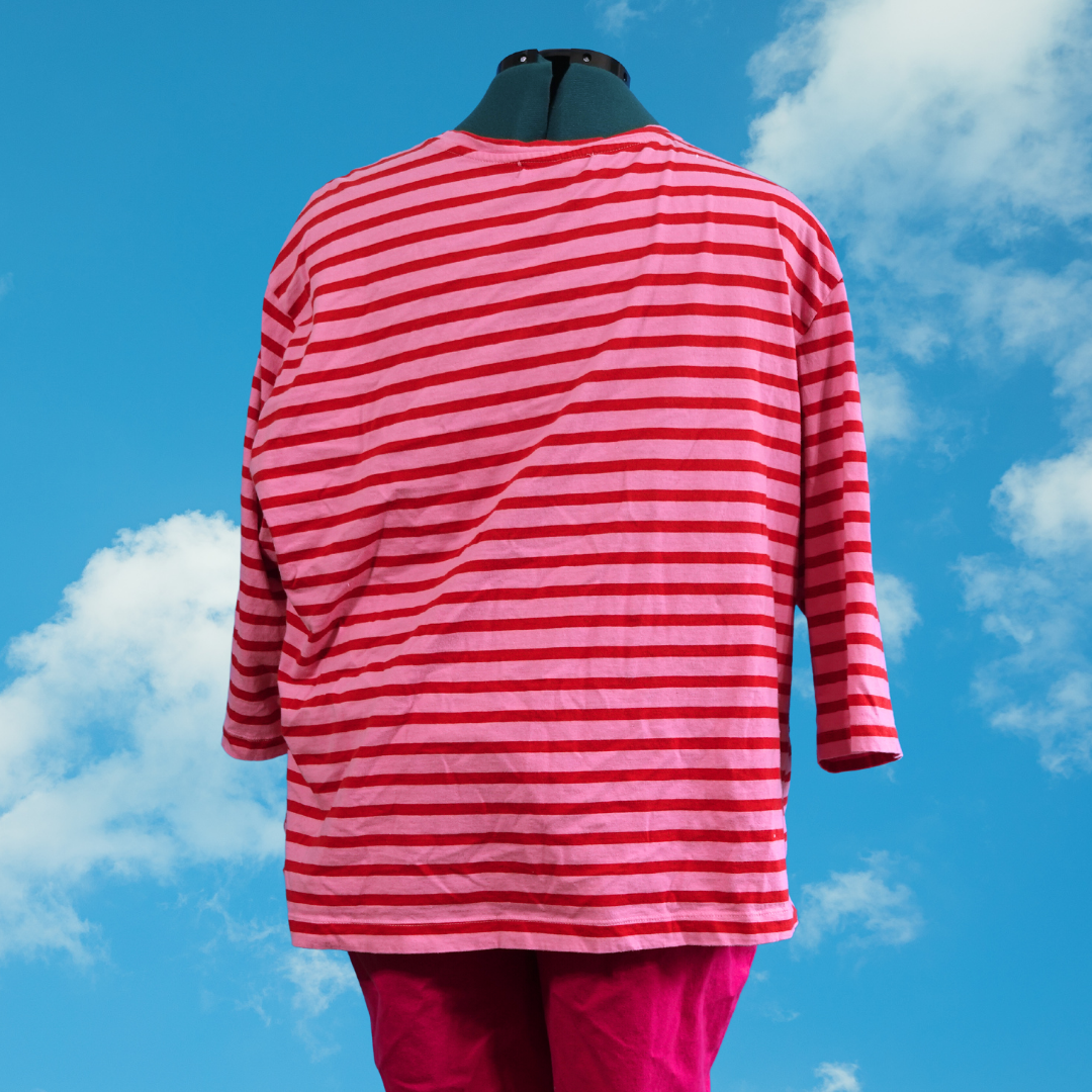 Red and Pink Striped Shirt with Knotted Hem