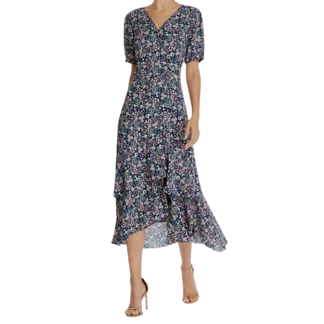 Nannette Lepore Navy and Pink Floral Wrap Dress