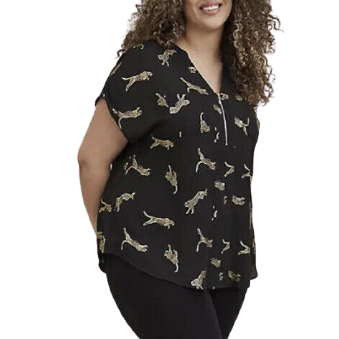 Torrid Short Sleeve V Neck Top with Gold Foil Cheetah Pattern