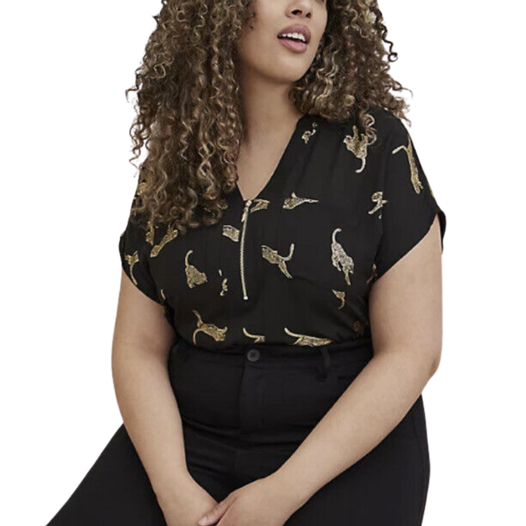 Torrid Short Sleeve V Neck Top with Gold Foil Cheetah Pattern