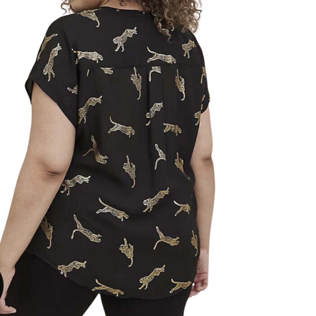 Torrid Short Sleeve V Neck Top with Gold Foil Cheetah Pattern
