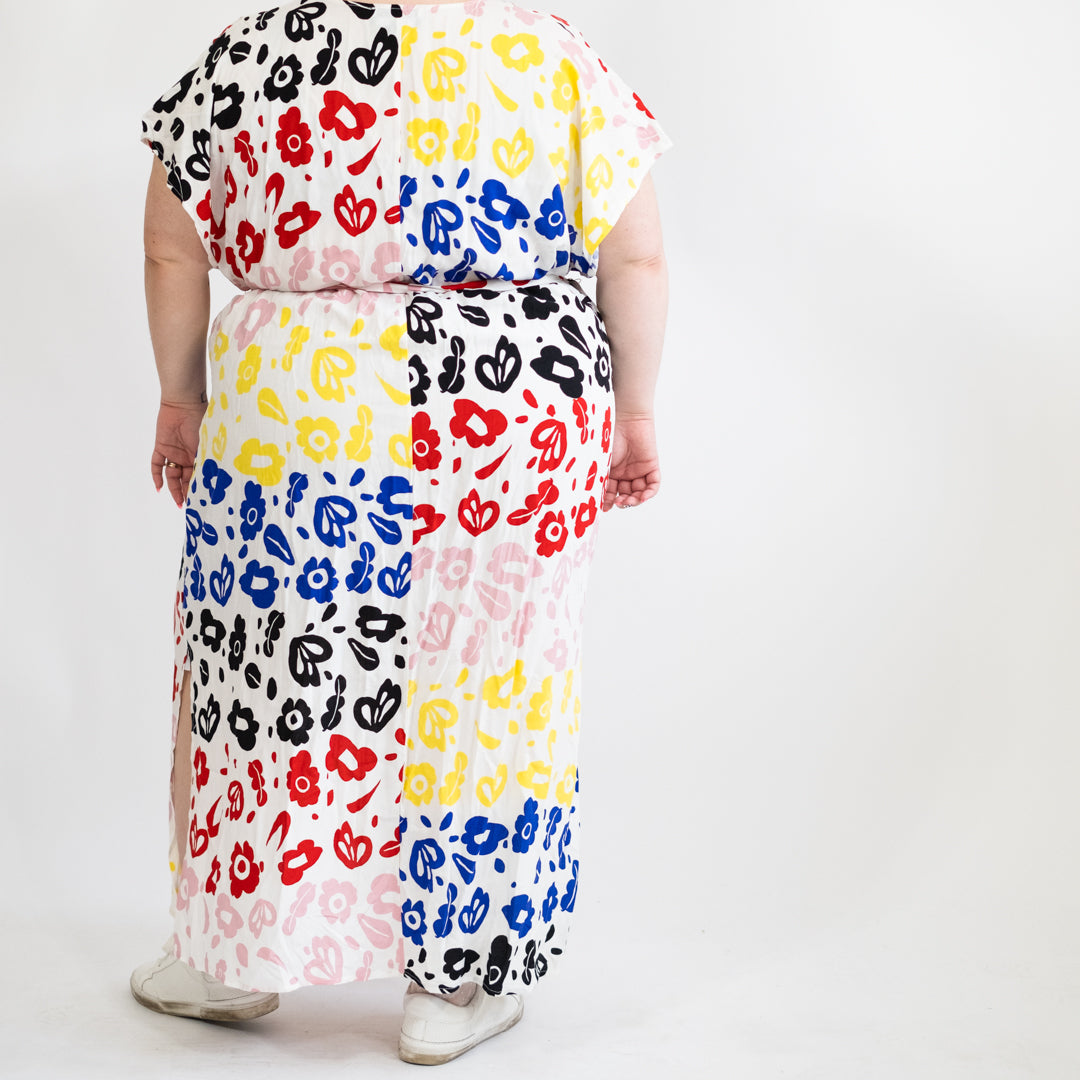 White Caftan Dress with Primary Color Floral Print