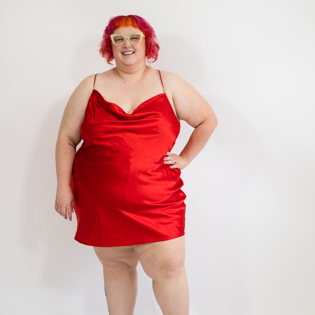 Red Satin Cowl Neck Dress with Rhinestone Details