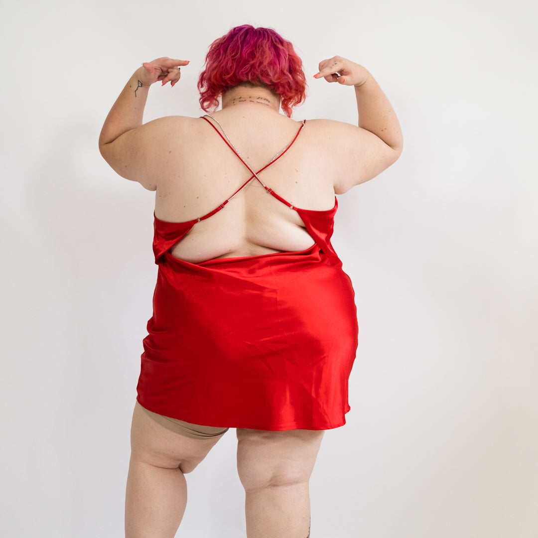 Red Satin Cowl Neck Dress with Rhinestone Details
