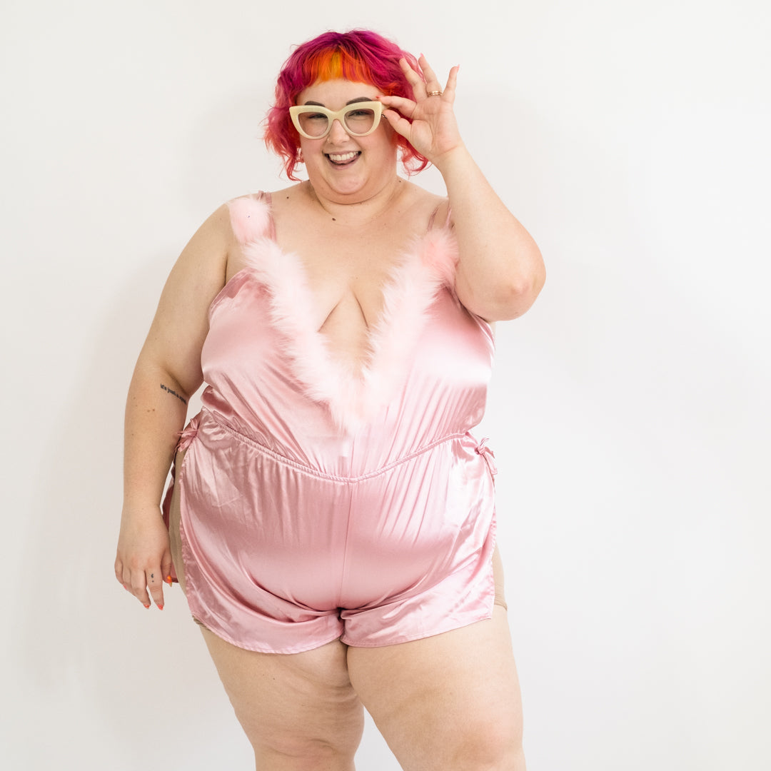 Pink Satin Fur Trimmed Romper