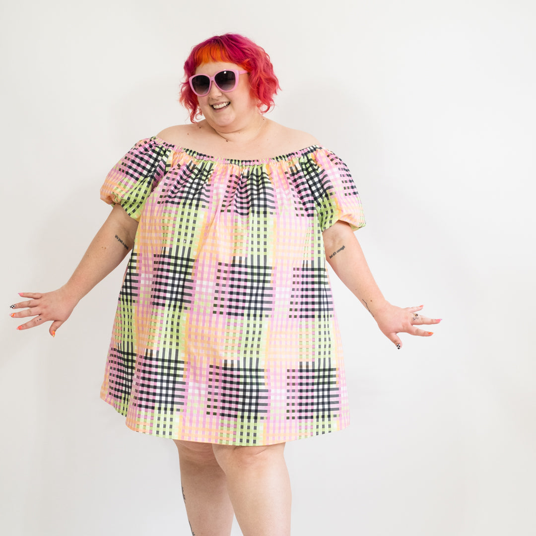 Multicolored Plaid Puffy Sleeve Dress