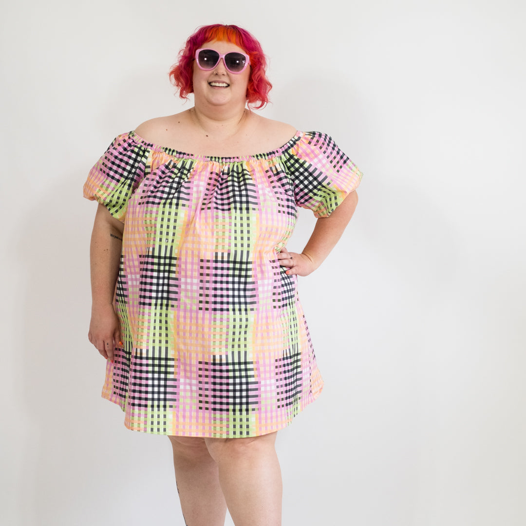 Multicolored Plaid Puffy Sleeve Dress