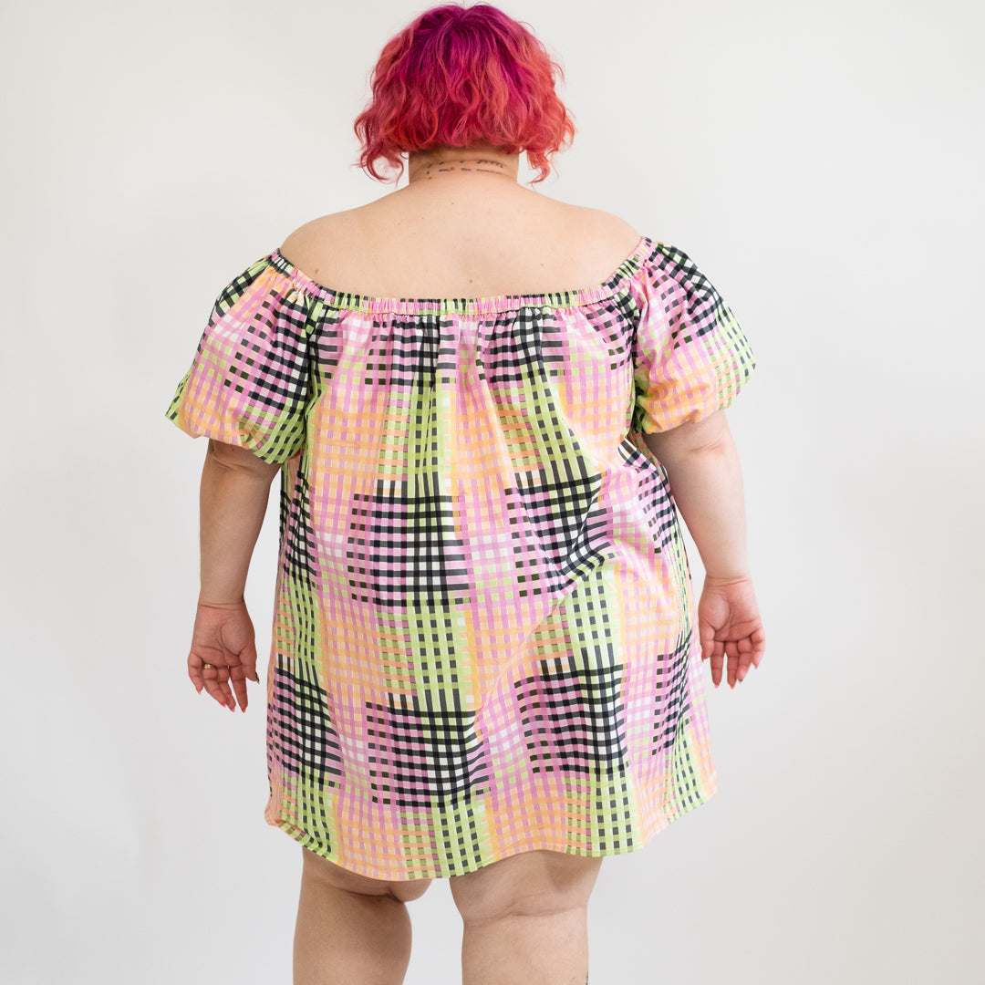 Multicolored Plaid Puffy Sleeve Dress