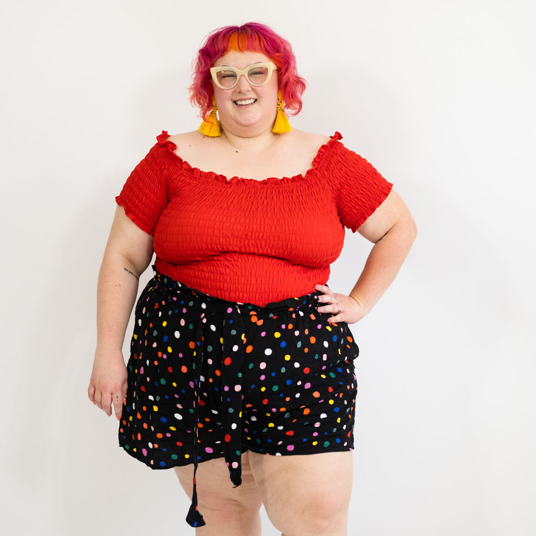 Red Shirred Off-the-Shoulder Top