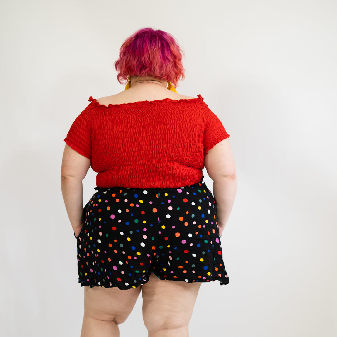 Red Shirred Off-the-Shoulder Top