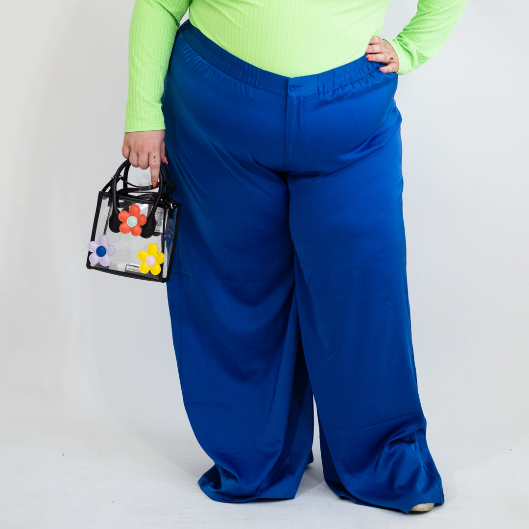 Blue Satin Wide Leg Pants