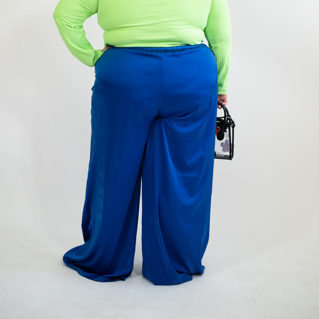 Blue Satin Wide Leg Pants