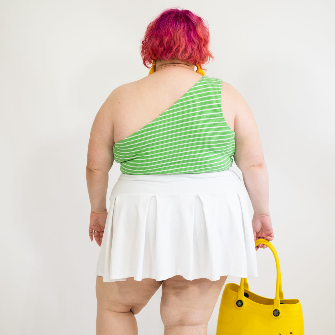 Green and White Striped Ribbed One Shoulder Top