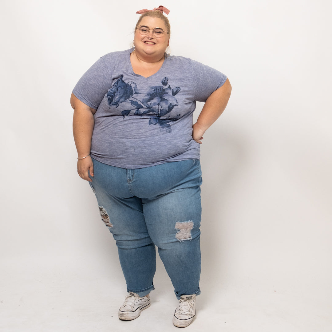 Blue Striped Tee with Blue Glitter Floral Design