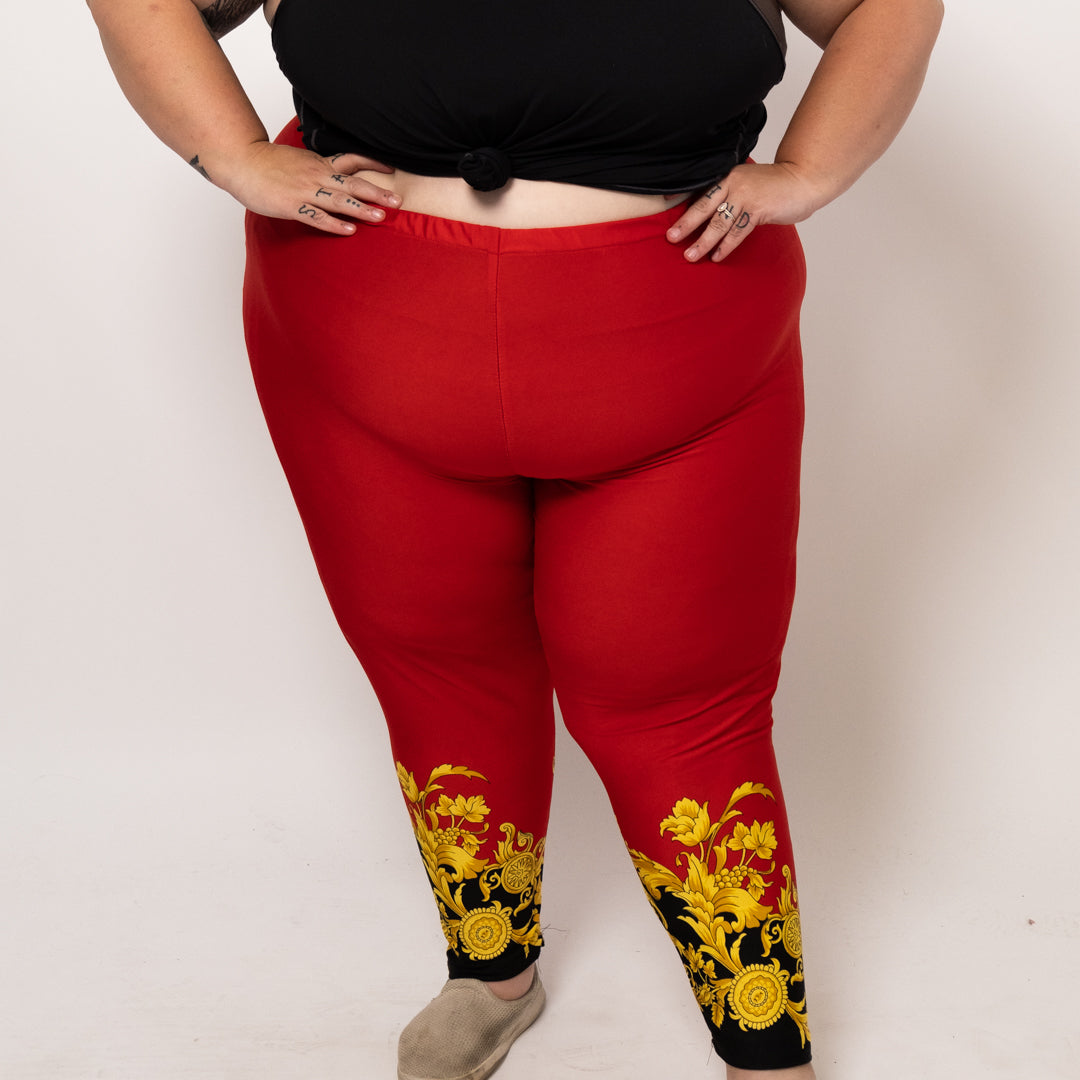 Red Leggings with Gold and Black Baroque Pattern