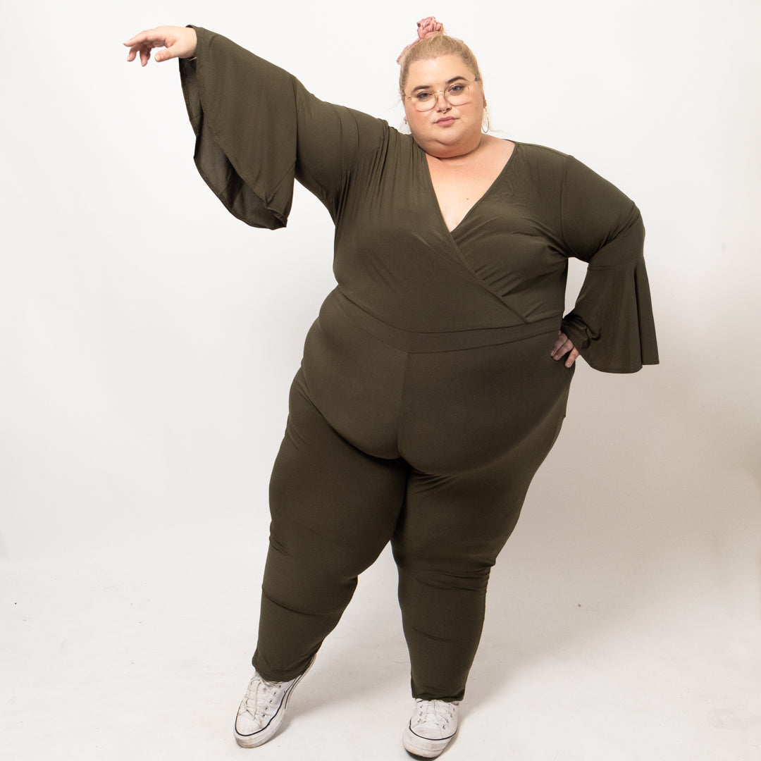 Olive Green Jumpsuit with Surplice Neckline and Bell Sleeves