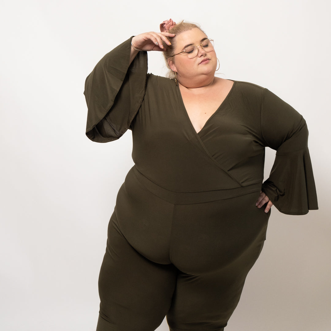 Olive Green Jumpsuit with Surplice Neckline and Bell Sleeves