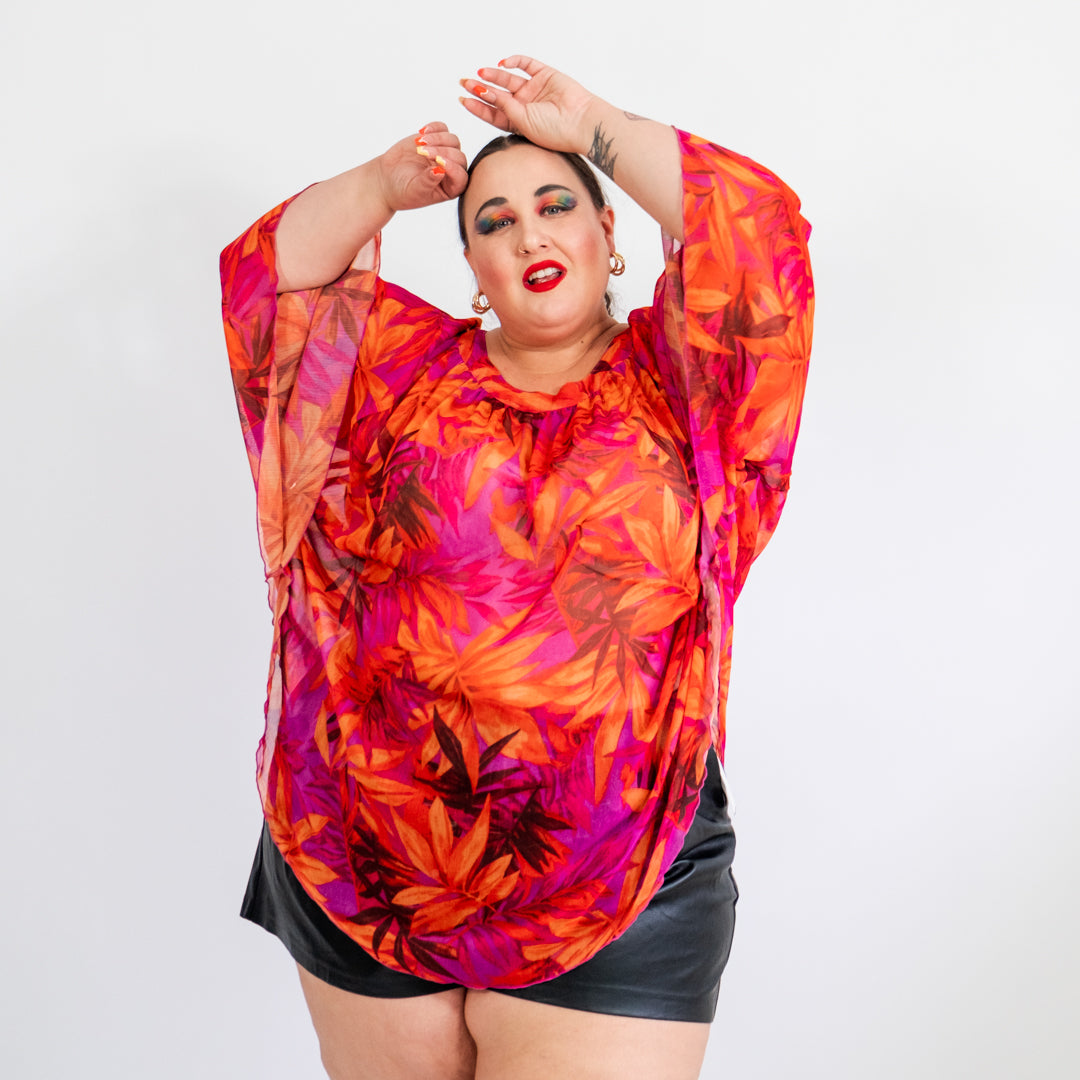 Pink and Orange Tropical Print Batwing Sleeve Top