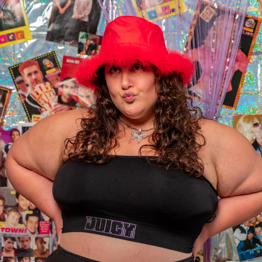 Red Fuzzy Trim Bucket Hat