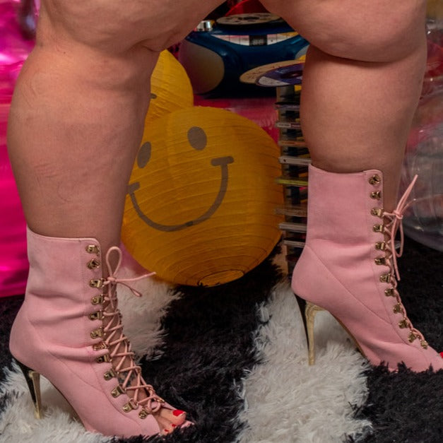 Pink Lace Up Heel Booties
