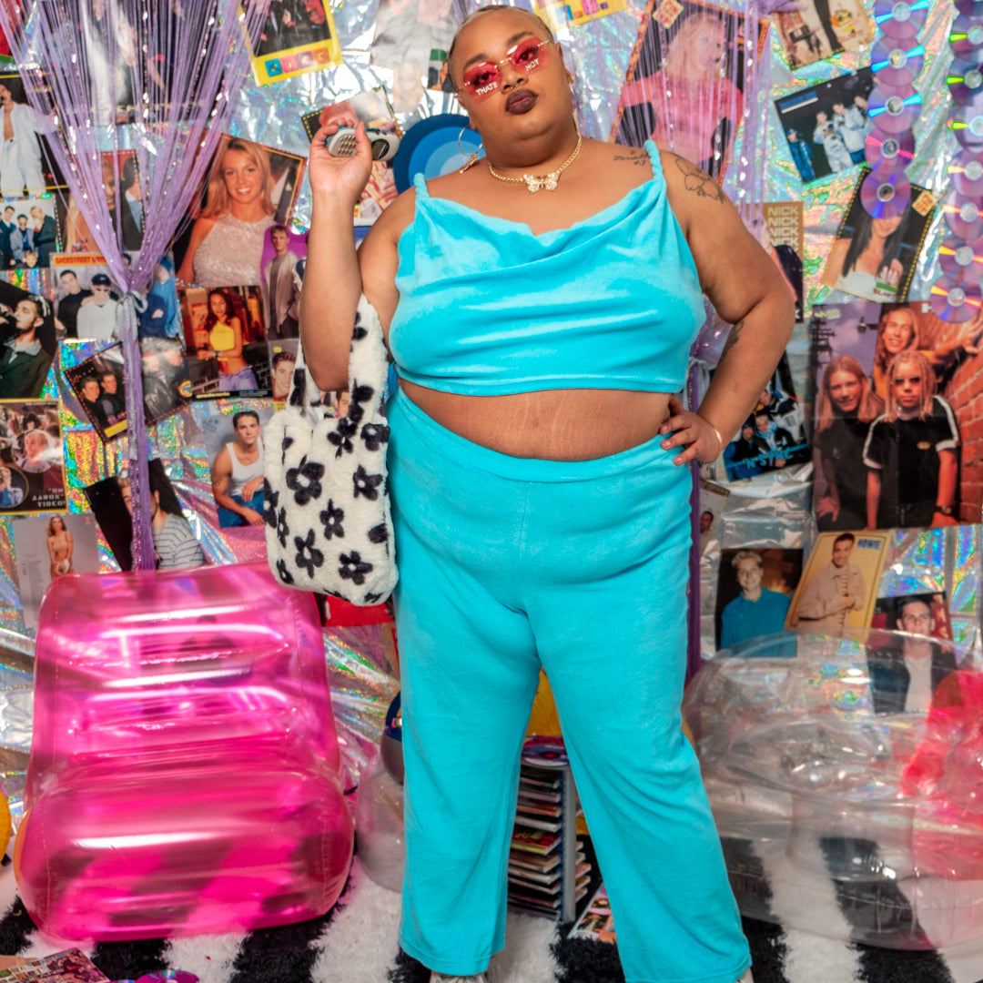 Aqua Blue Velour Wide Leg Pants