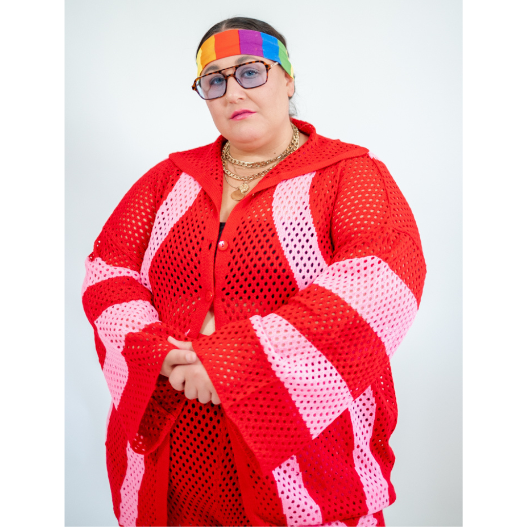 Pink and Red Stripe Open Weave Two-Piece Set