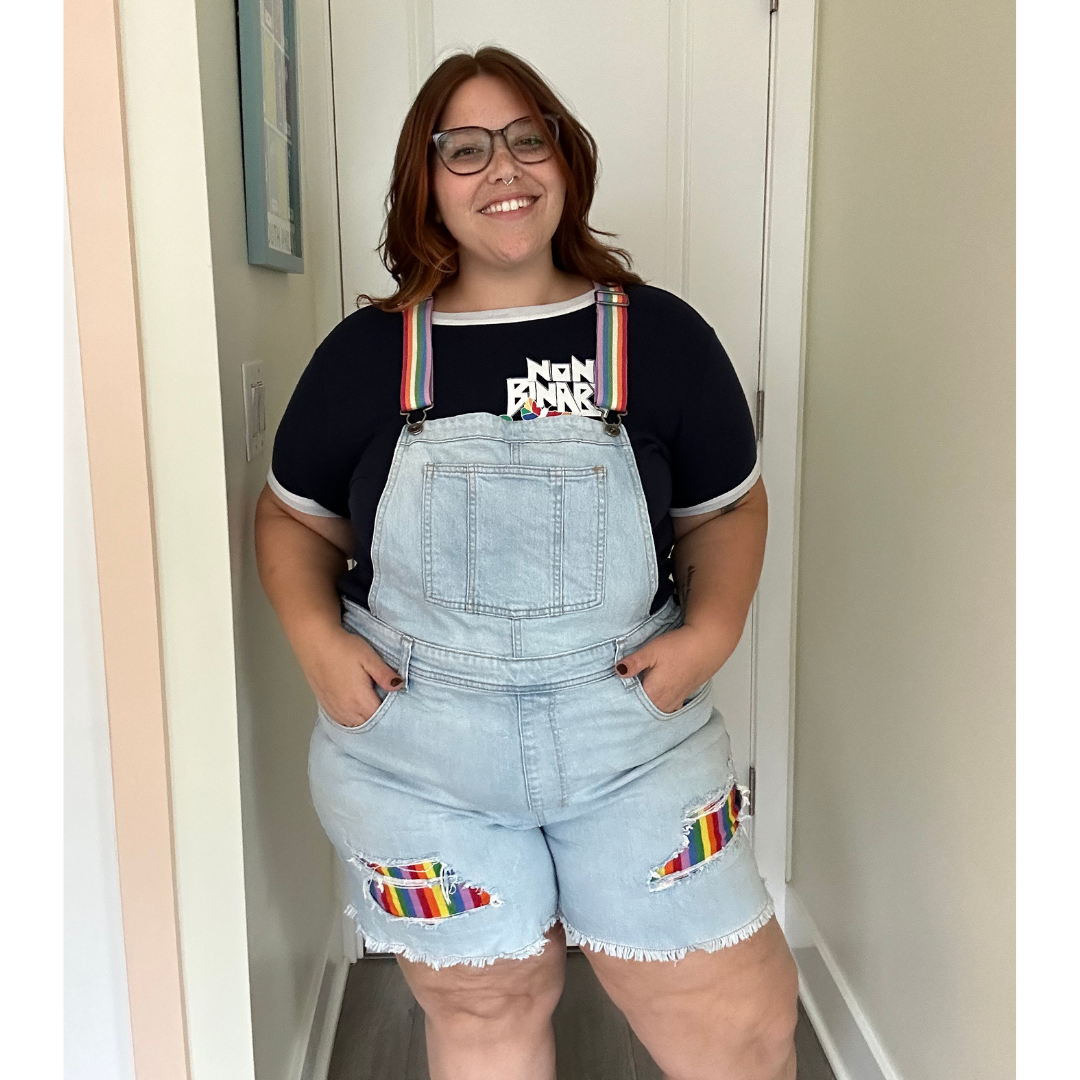 Light wash Denim Overalls with Rainbow Accents