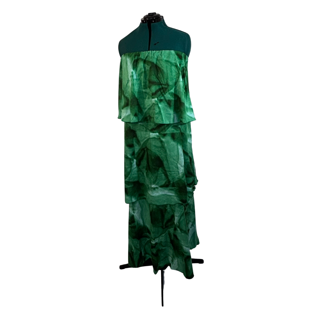 Green Abstract Print Tiered Ruffle Strapless Maxi Dress NWT