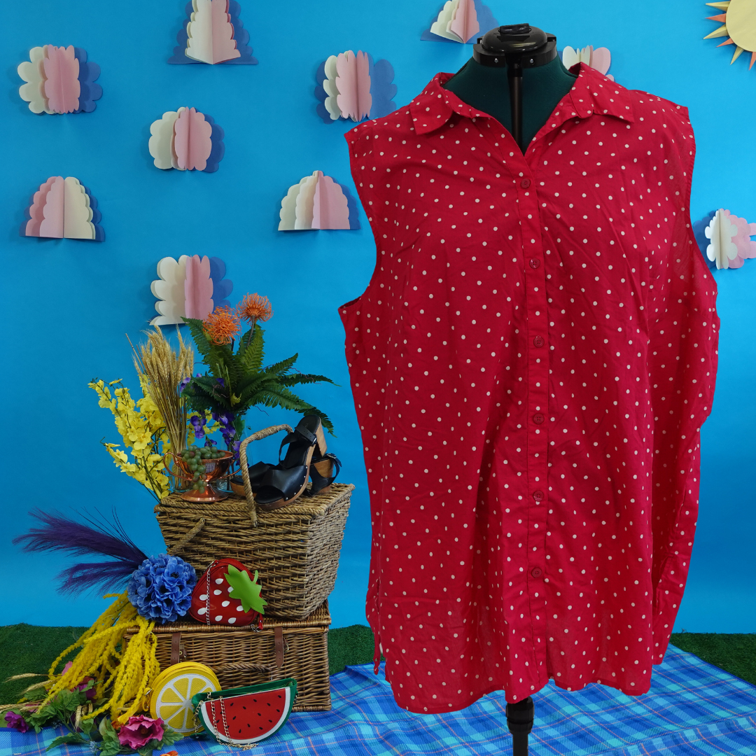 Pink with White Polka Dot Sleeveless Button Front Top