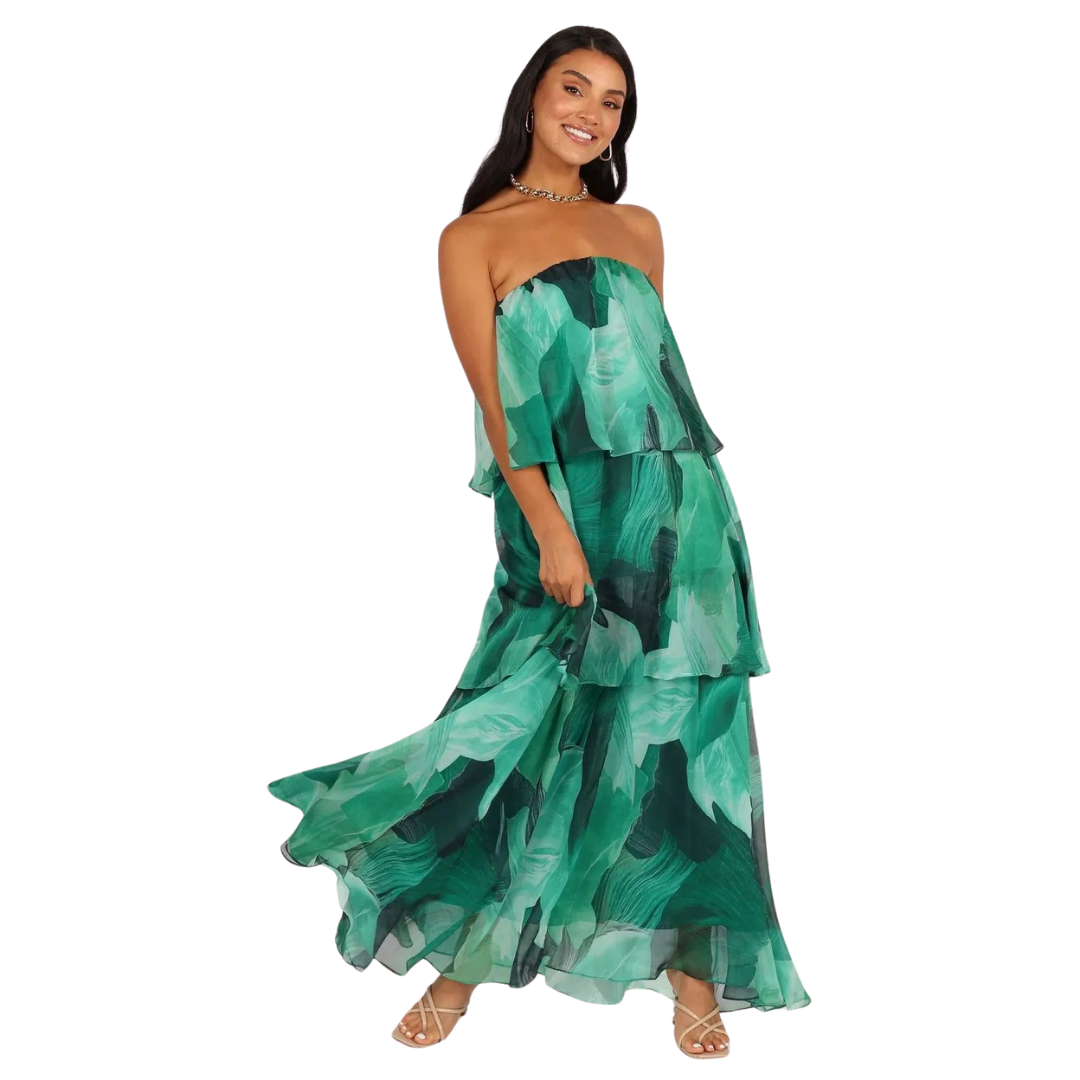 Green Abstract Print Tiered Ruffle Strapless Maxi Dress NWT