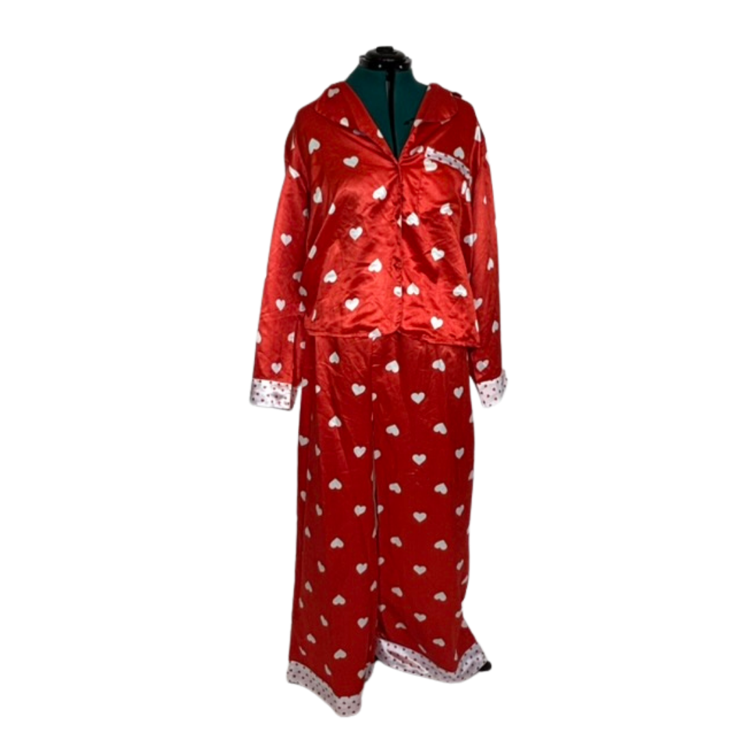 Red Satin Heart Print PJ Set NWT