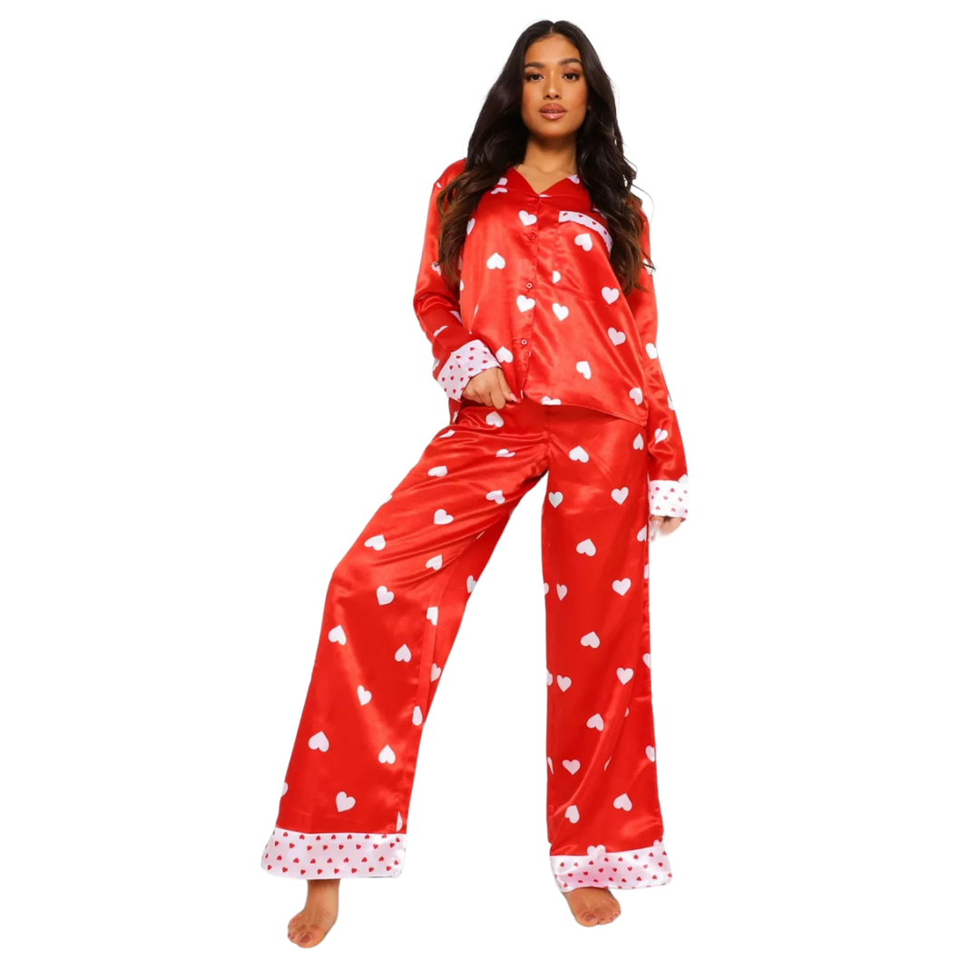 Red Satin Heart Print PJ Set NWT