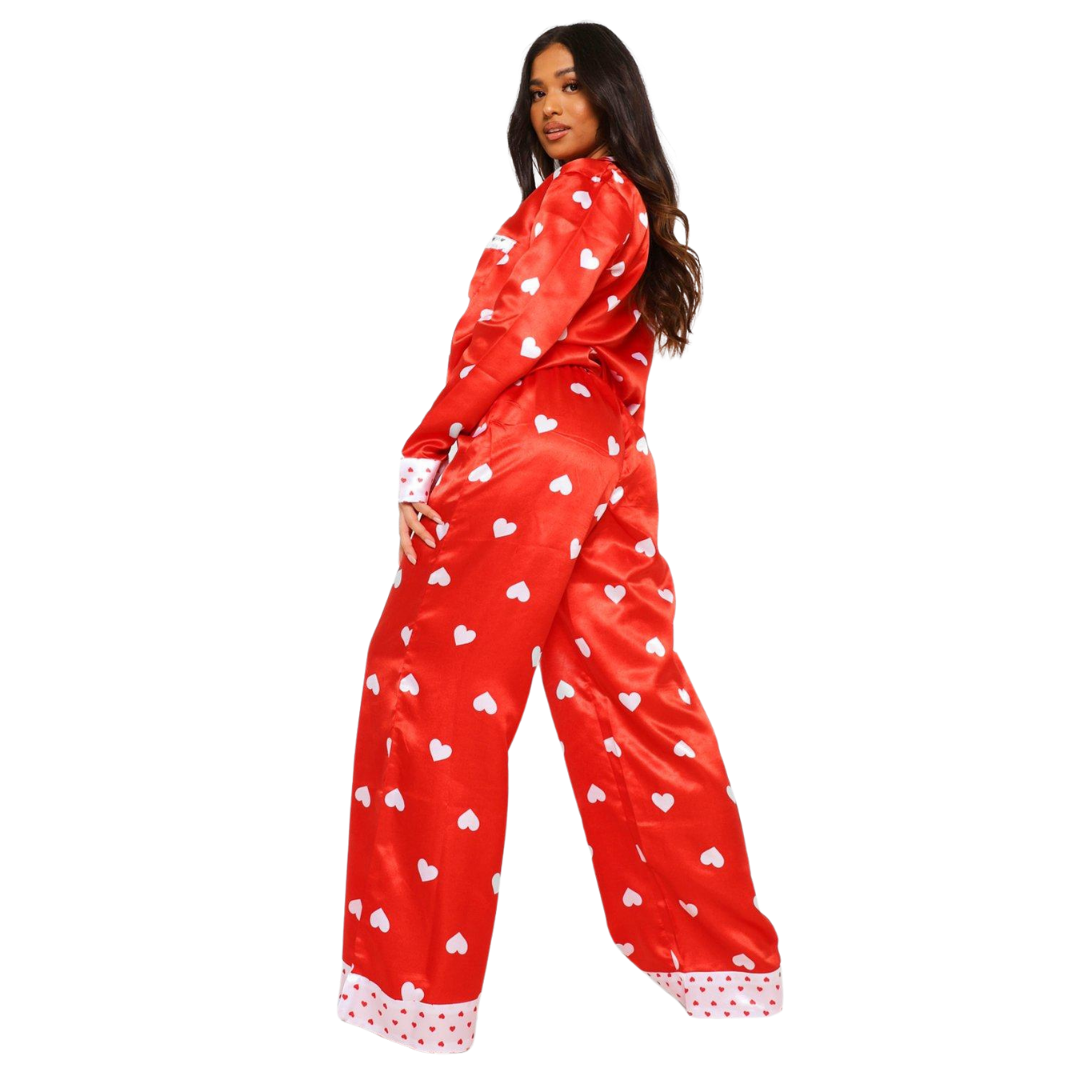 Red Satin Heart Print PJ Set NWT