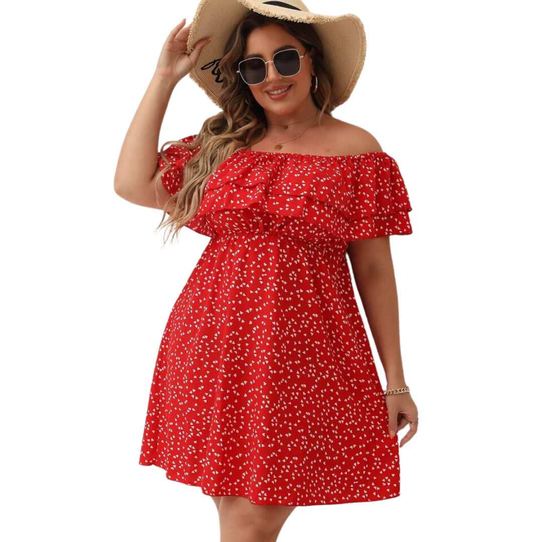 Red Ditsy Heart Print Off-the-Shoulder Dress
