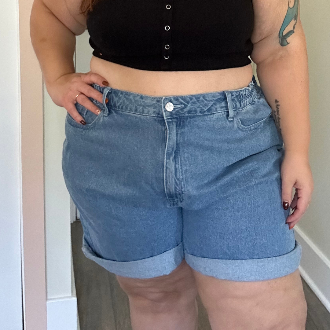 Medium Wash Midi Length Denim Shorts