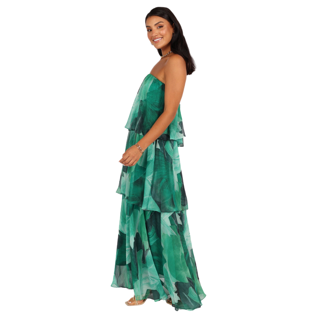 Green Abstract Print Tiered Ruffle Strapless Maxi Dress NWT