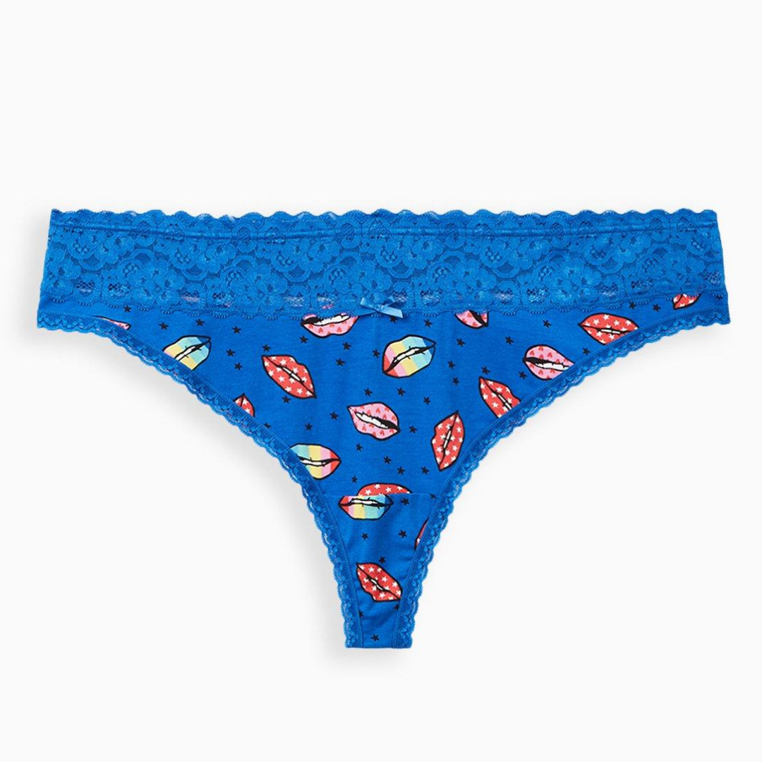 Blue Lip Print Lace Trim Thong NWOT