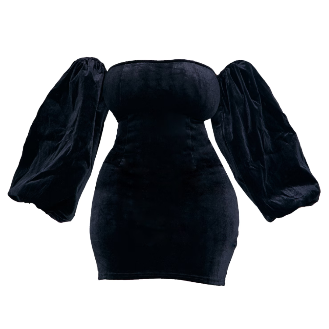 Black Velvet Off-The-Shoulder Puff Sleeve Bodycon Dress NWT
