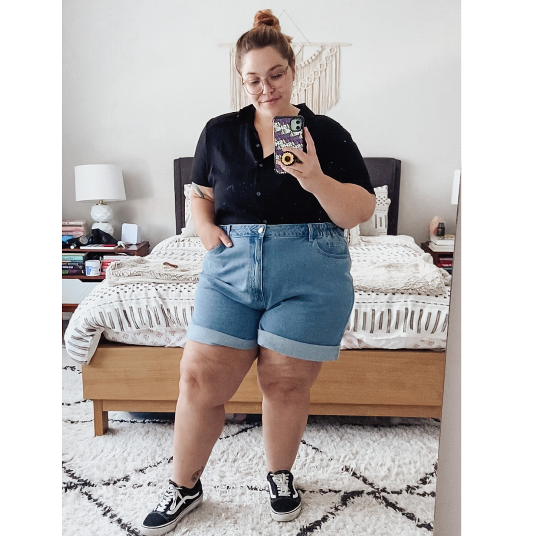 Medium Wash Midi Length Denim Shorts