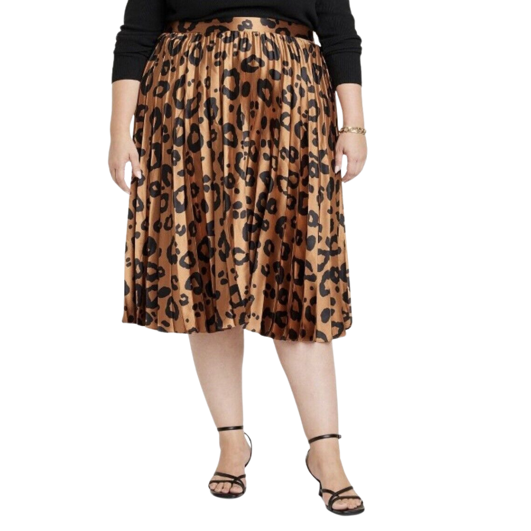 Pleated Satin Cheetah Print Midi Skirt