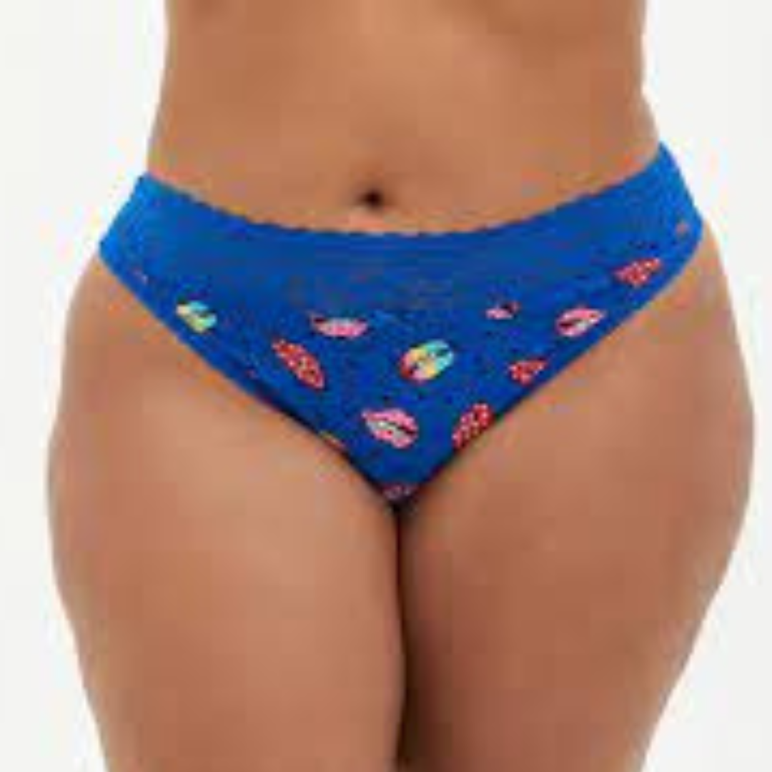 Blue Lip Print Lace Trim Thong NWOT