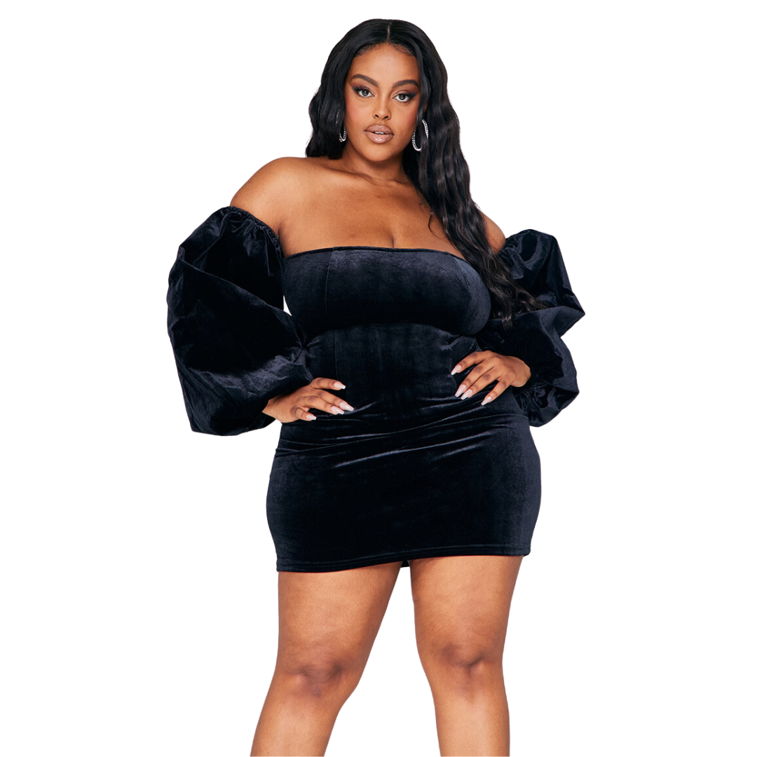 Black Velvet Off-The-Shoulder Puff Sleeve Bodycon Dress NWT