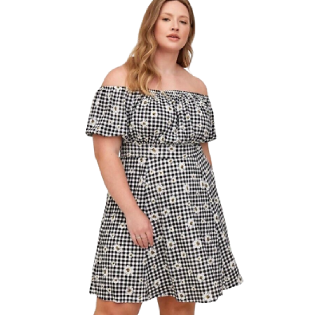Black Plaid and Daisy Print Off-the-Shoulder Dress