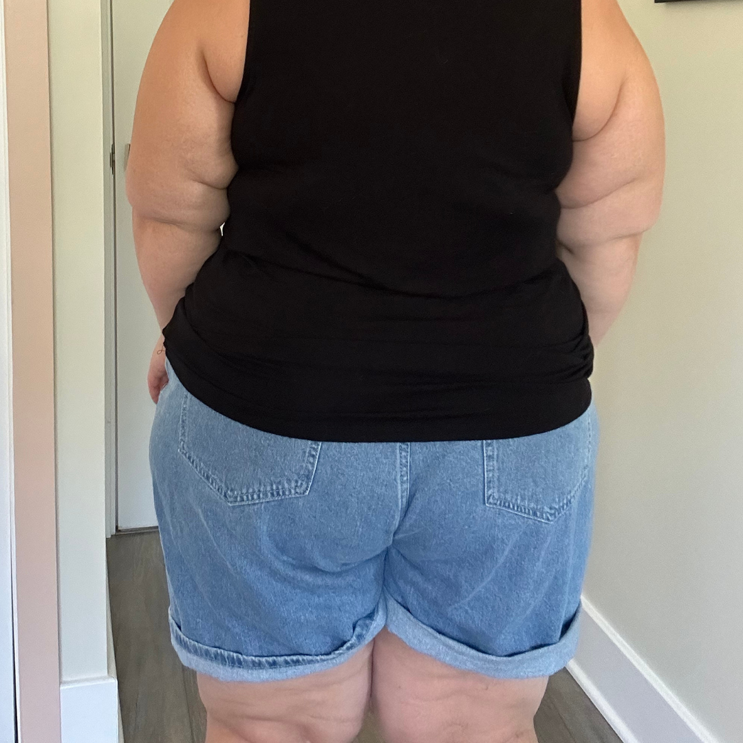 Medium Wash Midi Length Denim Shorts